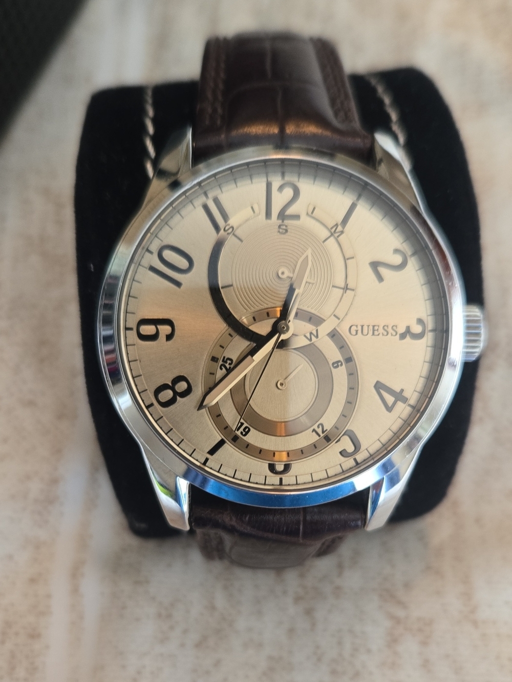 Guess Men's Brown Leather Strap Watch with Silver Dial